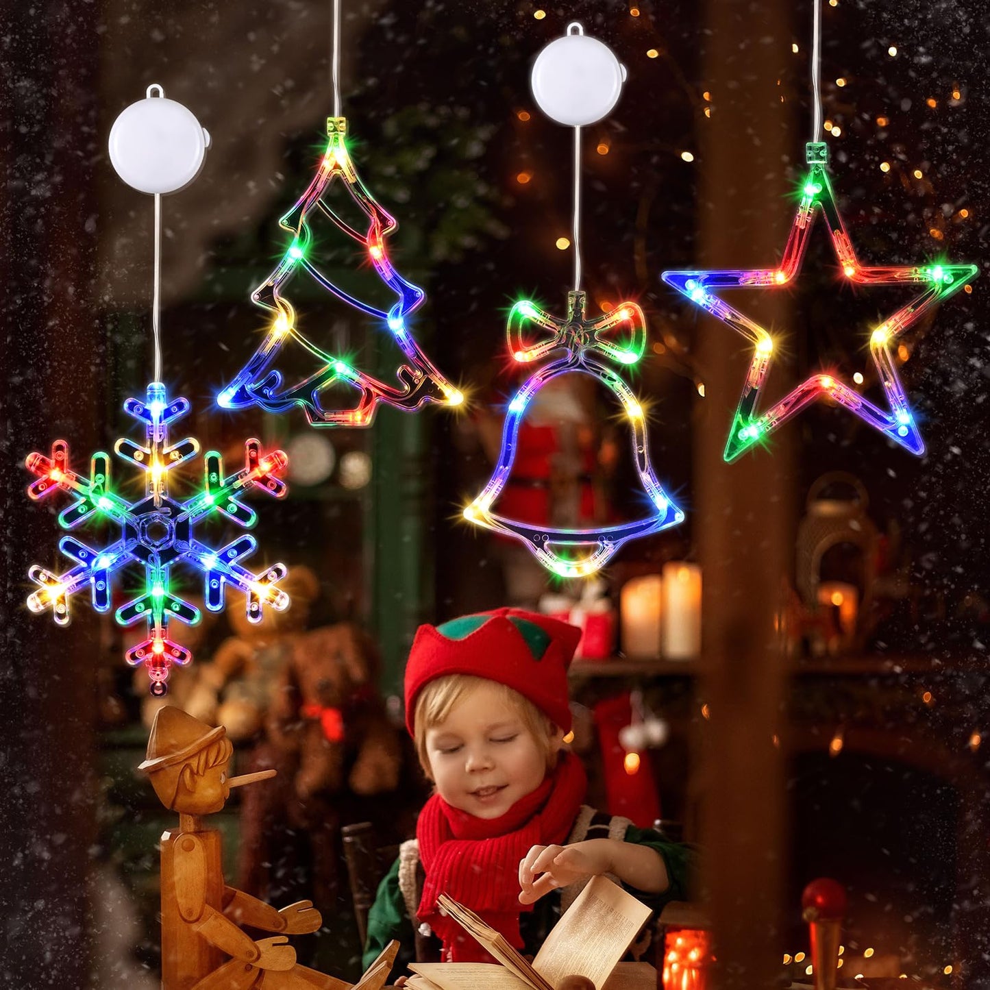 Waipfaru Christmas Window Lights - 4 PCS Multicolor with Timer, Suction Cup, Model ISL001-D