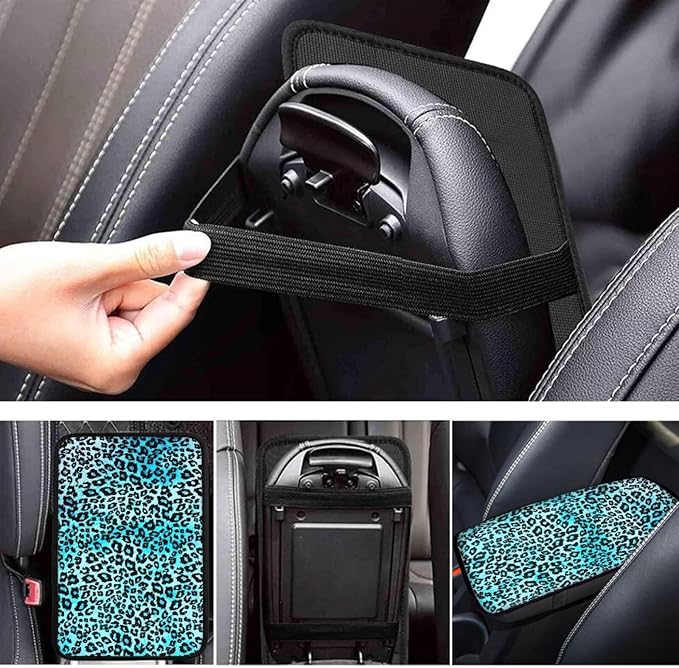 Blue Leopard Print Car Console Covers,Soft Armrest Cover for SUV,Cars,Fashion Car Accessories
