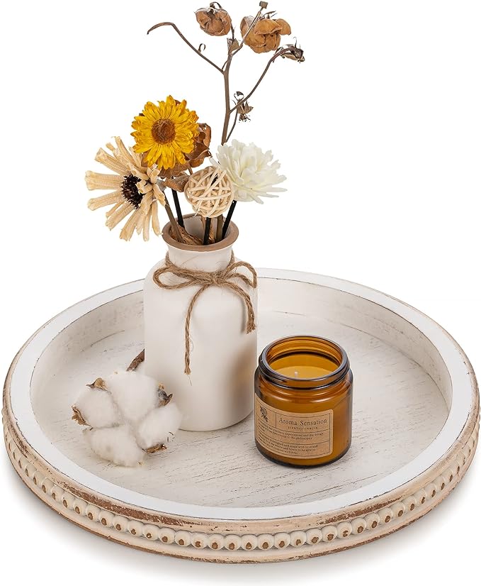 Hanobe Round Wooden Decorative Tray: White Washed Bead Tray Decor for Coffee Table Centerpiece Rustic Farmhouse Tray for Kitchen Counter Living Room Easter Decoration