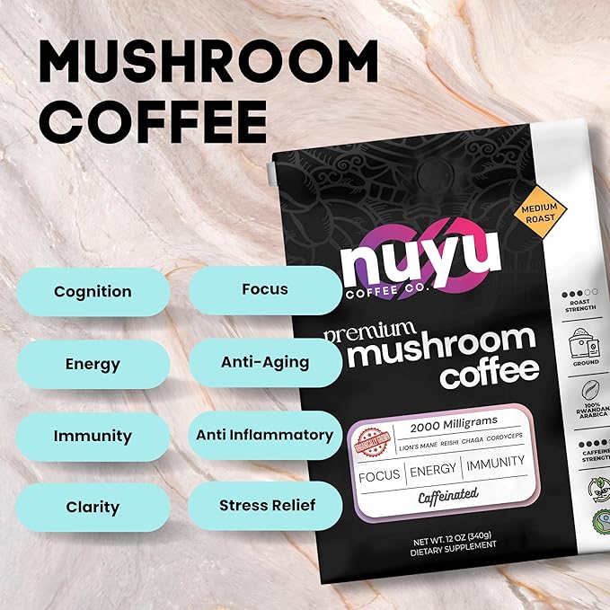 Nuyu Medium Roast Premium Mushroom Coffee, 12 oz, Specialty Ground 100% Arabica, 2000mg Functional Mushrooms, Lion's Mane, Reishi, Chaga, Cordyceps for Cognition, Energy and Wellness