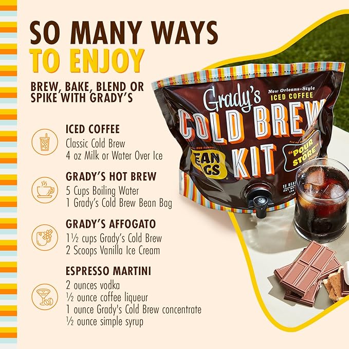 GRADY’S COLD BREW, New Orleans Style, 100% Arabica Ground Coffee & Chicory Pouches, 2 All-in-One Cold Brew Kits, each with 12 Easy-to-Brew Beans Bags, Makes 72 drinks