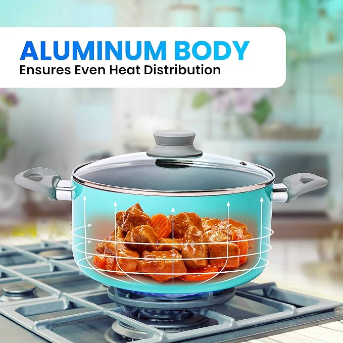Mueller 16-Piece Non-Stick Stone Cookware Set with Steamer and Glass Lids, Turquoise