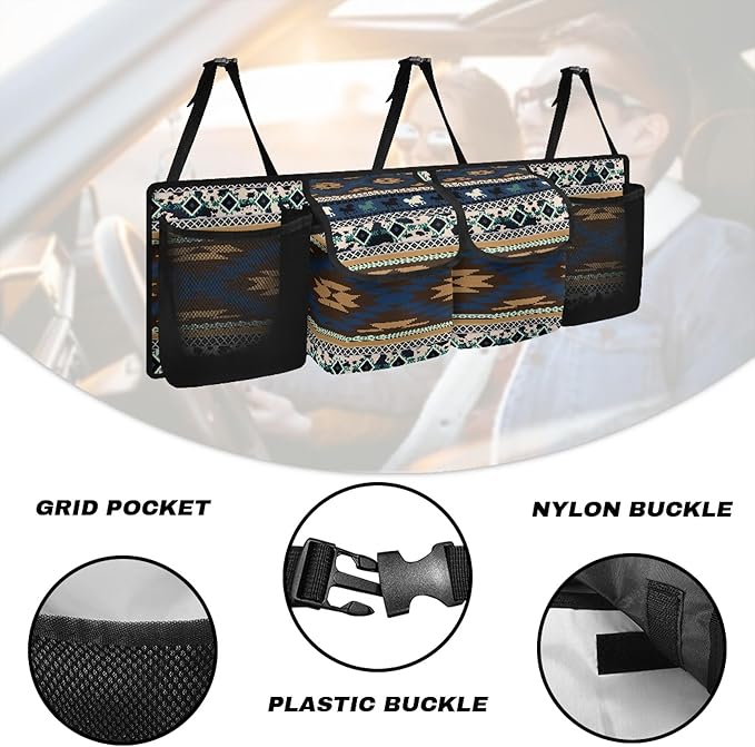 CLOHOMIN Aztec Ethnic Horse Backseat Car Organizer Hanging Cargo Storage Organizer with 4 Pockets Blue Car Seatback Organizer for Most Vehicle Car Interior Accessories