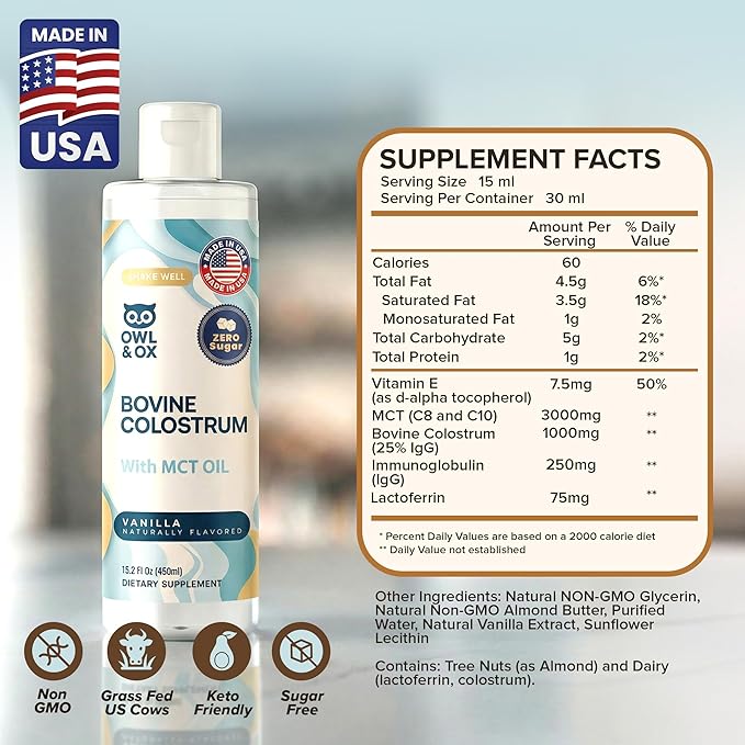 Bovine Colostrum with MCT Oil, Lactoferrin, IgG by Owl & Ox | Grass Fed, US Based | Skin Health, Gut Health and Immune Support | Sugar Free, Keto Friendly, Non GMO | Made in USA