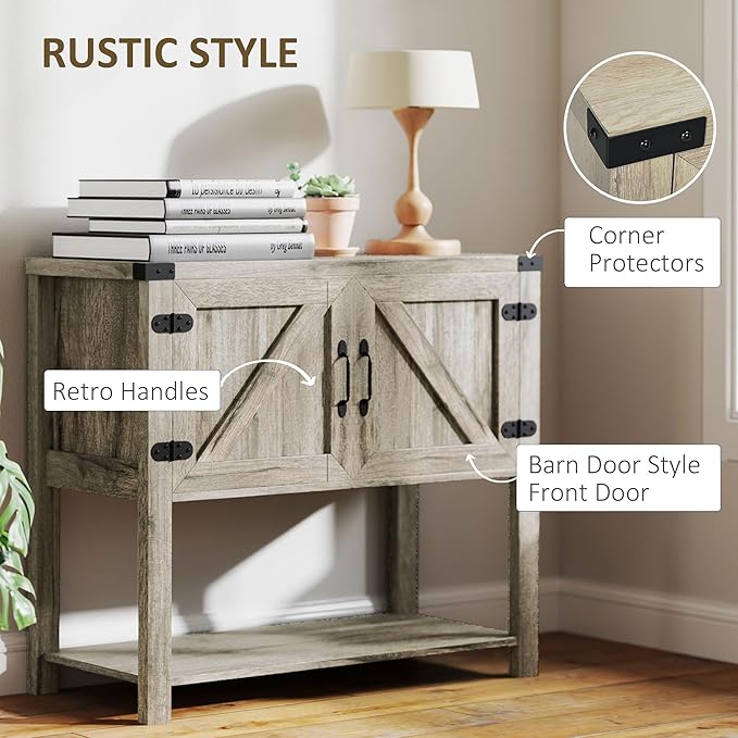 HOMCOM Farmhouse Double Door Coffee Bar Cabinet, Console Table, Sideboard Buffet Cabinet with Bottom Shelf for Entryway, Living Room, Washed-Out Gray