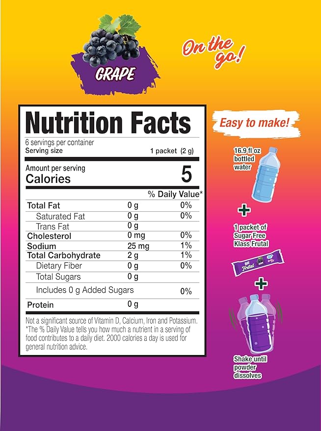 Klass Frutal On-The-Go! | Powdered Drink Mix – Grape Flavor, Sugar Free – 30 Stick Packs