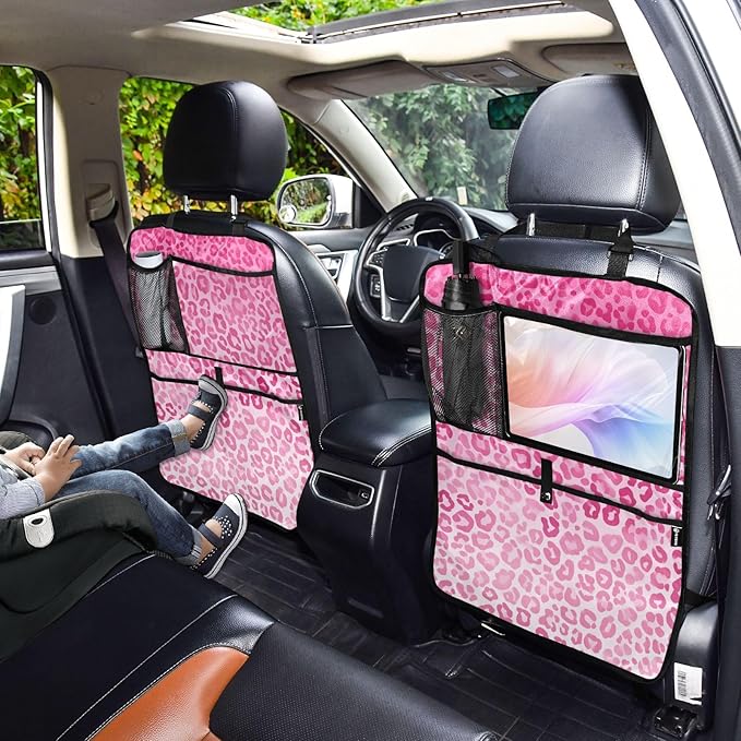 2 Pack Back Seat Car Organizer with Storage Pockets Kick Mats Back Seat Protector Hanging Car Organizer Automotive Seat Back Cover Organizers Gradient Pink Leopard Print