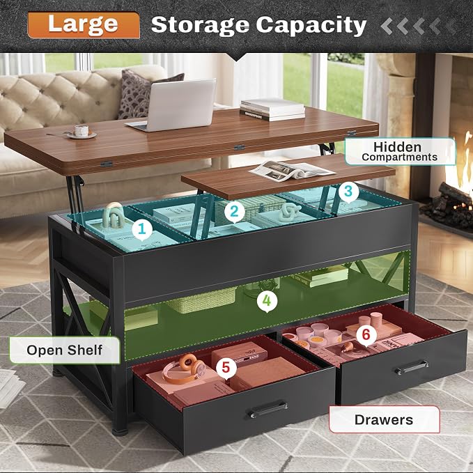 Itaar 40" Lift Top Coffee Table, 4 in 1 White Coffee Tables with Storage for Living Room, Small Coffee Table with 2 Drawers & LED Light for Dining Room, Black+Brown