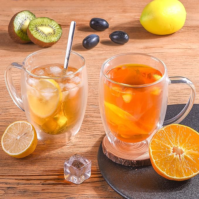 Double Wall Glass Coffee Mugs, 12 Oz Clear Coffee Mugs with Handle, Insulated Glass Coffee Mugs Set of 2, Perfect for Espresso, Cappuccino, Latte, Americano, Tea Bag, Beverage