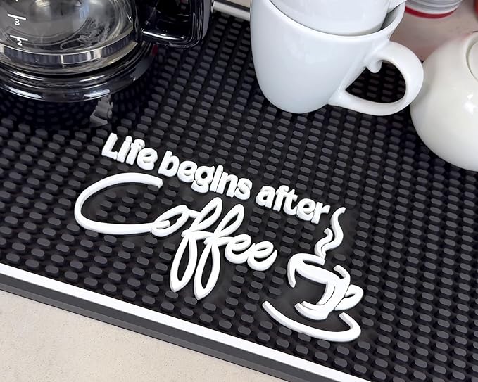 Life Begins After Coffee Bar Mat Sign for Countertop, 18x12 Coffee Machine Mat, Barista Shop Essentials for Your Station, Espresso Machine Protection for Countertop, Silicone Mats for Kitchen Counter