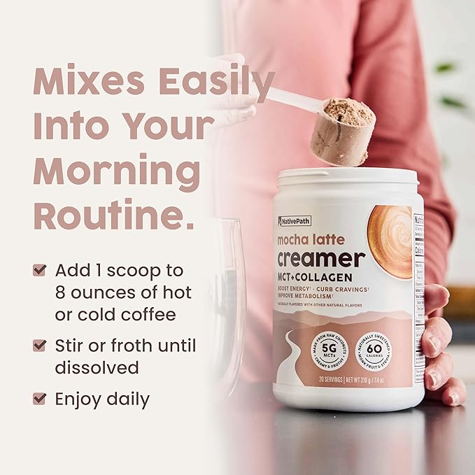 NativePath Keto Coffee Creamer Powder Mocha Latte — Keto-Friendly, Non-Dairy & Low Sugar Creamer. Made with Grass-fed Collagen Protein Powder, MCT Oil & Monk Fruit. Soy & Gluten Free (7.4 OZ)