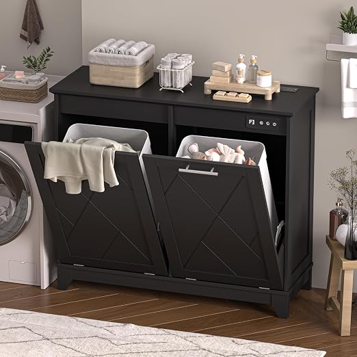 Double Tilt Out Trash Can Cabinet with Charging Station, Negative Ion Odor Control, Hidden Dual 10-Gallon Recycling Cabinet, Dog Proof Garbage Can for Kitchen, Laundry, Dining Room,Black