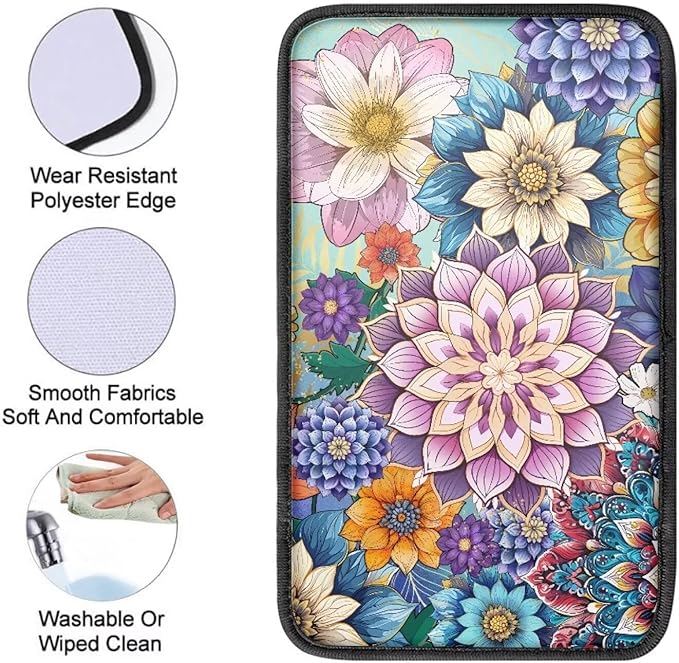 Universal Car Center Console Cushion Pad, Boho Flowers Car Center Console Cover Auto Armrest Seat Box Cover Protector for Most Vehicle SUV Truck Car