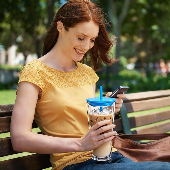 24oz Tumbler with Lid and Straw, Leak Proof and Double Wall Insulated Reusable Plastic Cups,Travel Reusable Iced Coffee Cup (2, Blue)