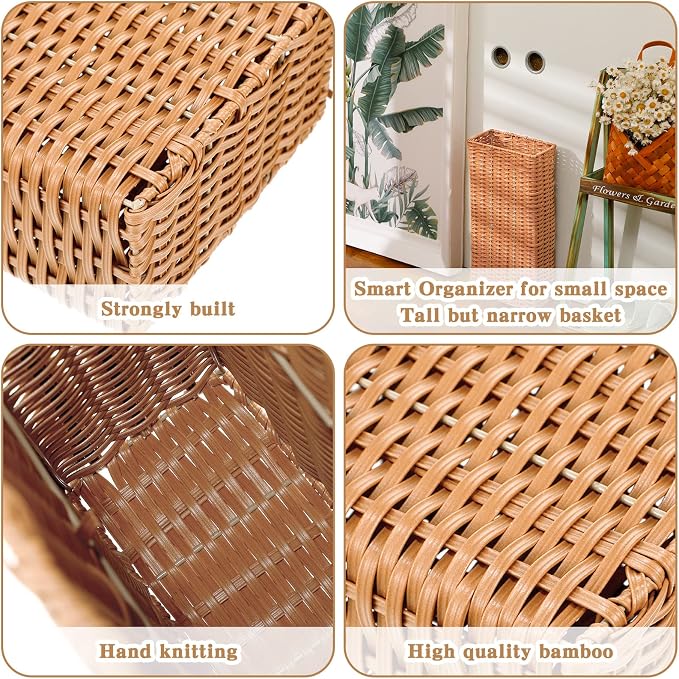 Weysat Woven Umbrella Stand for Entryway Handmade Umbrella Holder Freestanding Cane Stand Natural Color Decorative Umbrella Rack Tall Basket for Laundry Bathroom (Rectangular Style)