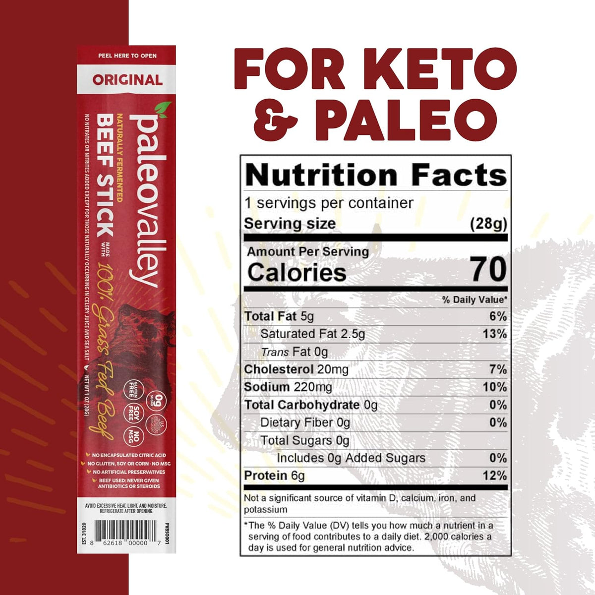 paleovalley 100% grass fed original beef sticks - delicious gluten free snack - keto friendly paleo protein