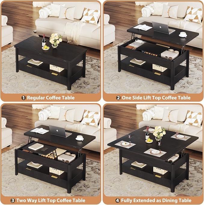 HUAHUU 40" Lift Top Coffee Table with Storage, 4 in 1 Square Coffee Table with Hidden Compartment & Open Shelf & 2 Drawers, Modern Coffee Tables with Lifting Top for Living Room, Home, Office, Black