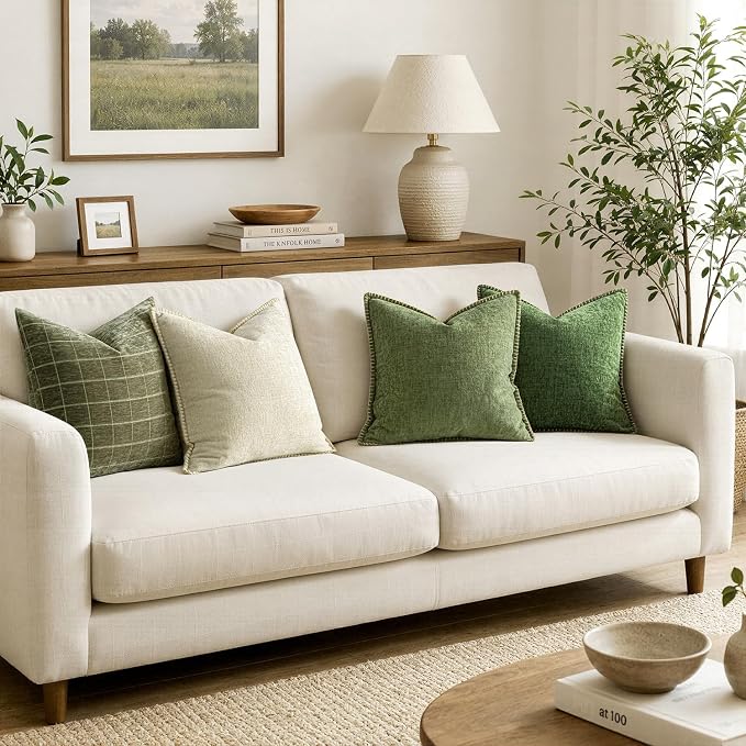 MIULEE Pack of 2 Couch Throw Pillow Covers 20x20 Inch Sage Green Farmhouse Decorative Pillow Covers with Stitched Edge Soft Chenille Solid Dyed Summer Pillow Covers for Sofa Bed Living Room