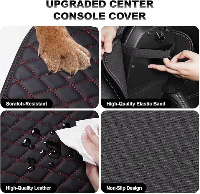 Upgraded Car Center Console Cover Fit for Corolla Faux Leather Car Armrest Cover Cushion with 2 Storage Bags,Car Armrest Storage Box Interior Accessories(Black&Redline)