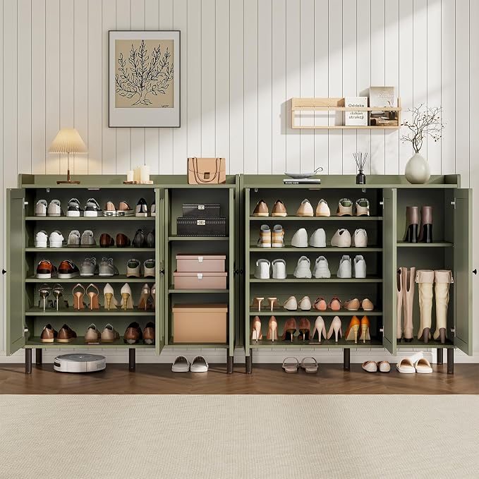 ONBRILL Shoe Cabinet with 3 Doors and Adjustable Shelves, 30 Pairs Shoe Storage Cabinet, 40 Inch Tall Farmhouse Shoe Rack Shoe Organizer Cabinet for Entryway Living Room Closet, Green