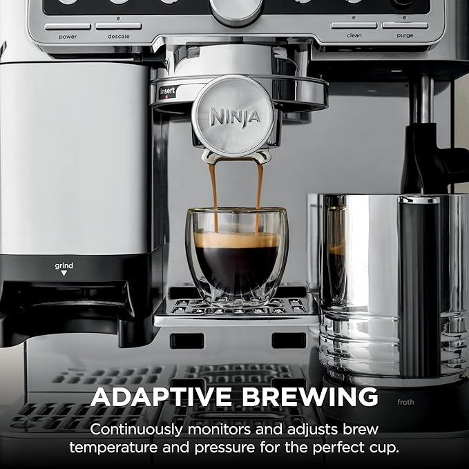 Ninja Luxe Café Pro Series, Espresso Machine, Drip Coffee, Cold Brew, Hot Water, Integrated Tamper, Built-in Grinder, Hands-Free Frother for Cappuccinos, Lattes, Americanos, Dairy or Non-Dairy, ES701