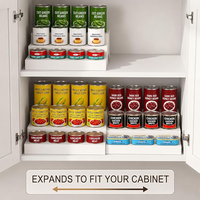 Expandable Wooden Can Organizer for Pantry, Adjustable 3-Tiered Shelf Holds 24 Cans, Rack for Cabinet & Countertop, Space Saving Holder for Small Kitchens & Apartments, White
