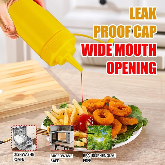 Squeeze Bottles for Sauces,Leak-Proof Condiment Dispenser, BPA-Free Kitchen Restaurant Squeeze Bottle Set with Wide Mouth for Ketchup, Mustard,Syrup,Dressings (Yellow, 6Pack-32oz(900ml))