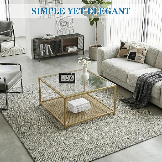 Gold Glass Coffee Table, Square Coffee Tables with Storage Shelf, Simple Tea Cocktail Modern Center Tables for Small Space, Living Room, Easy Assembly, 26 * 26in（Gold）