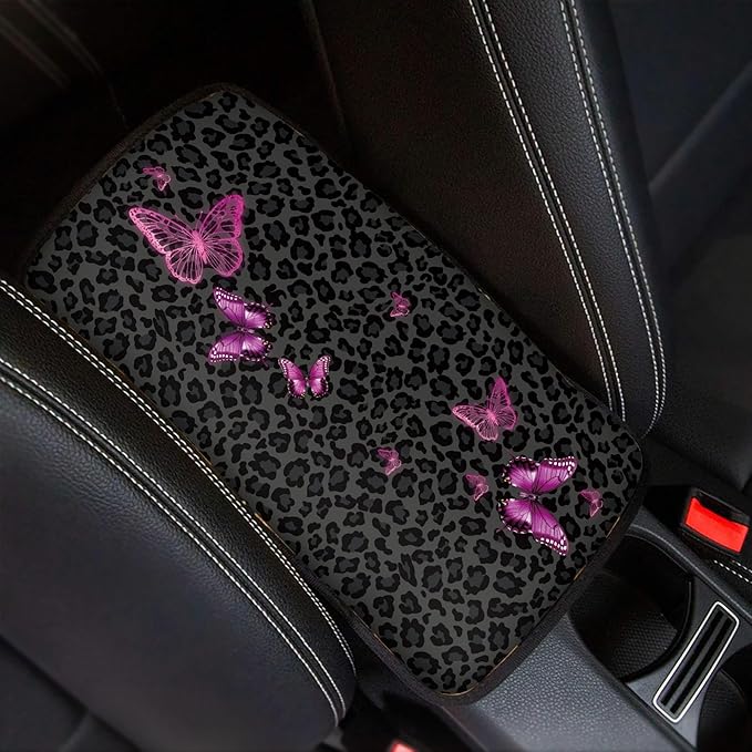 Black Leopard Butterfly Car Center Console Cover,Car Armrest Cover Cushion,Universal Butterfly Car Accessories