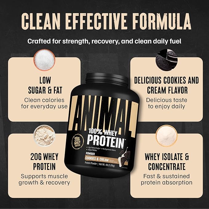 Animal 100% Whey Protein Powder – Whey Blend for Pre Workout or Post Workout, Recovery, Anytime Low Sugar Protein Boost Meal Replacement with BCAA Branched Chain Amino Acids – Cookies & Cream, 4 lb