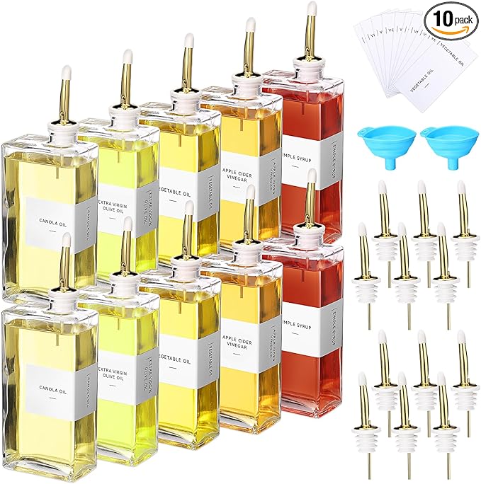 10 Sets Olive Oil Dispenser Bottles for Kitchen with Nozzles Funnel Labels Cooking Oil Dispenser 500ml Set for Kitchen Vinegar Coffee Syrup (Gold)