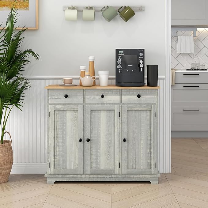 HOMCOM Sideboard Buffet Cabinet with Solid Wood Countertop, Modern Kitchen Storage Cabinet, Coffee Bar Cabinet with 3 Drawers, Doors and Adjustable Shelf, Distressed Light Gray
