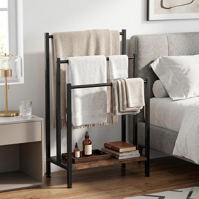 3 Tier Blanket Rack Stand, Freestanding Towel Rack with Wooden Shelf, 17.1" L x 11" W x 32" H, Quilt Display Stand for Bathroom, Bedroom, Living Room, Rustic Brown