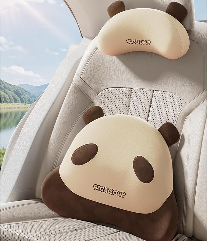 Cute Panda Car Neck Pillow & Lumbar Support Memory Foam Cushion for Driving Adjustable Headrest Waist Pillow for Most Seats (Brown, Headrest 2Pcs)