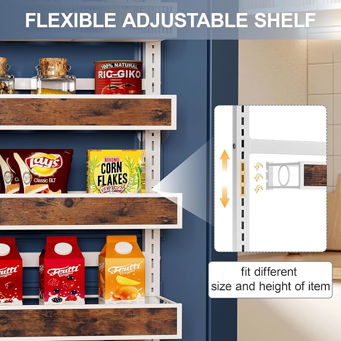 6 Tier Over The Door Pantry Orangizer 2 IN 1 Wall Mounted or Hanging Spice Rack with Adjustable Wood Basket,Heavy Duty Seasoning Storage Shelf for Kitchen Pantry and Bathroom