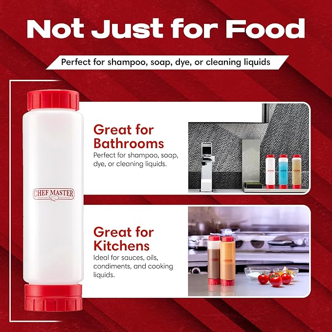 Chef Master 16 Oz. Squeeze Bottles for Sauces (6-Pack) - FIFO, Inverted - Condiment Squeeze Bottles for Liquids, Sauces, Batter & Dressing - Fill & Flip, Refillable - For Restaurants & Diners - 90290