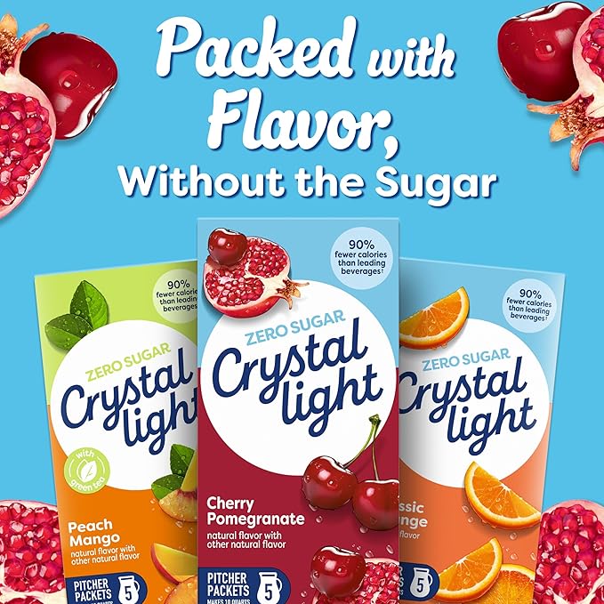 Crystal Light Zero Sugar Cherry Pomegranate Drink Mix, Naturally Flavored Powdered Beverage Packets, Low Calorie Water Flavoring for Pitchers, 10 Quarts per Box, 2.2 Oz (Pack of 6)