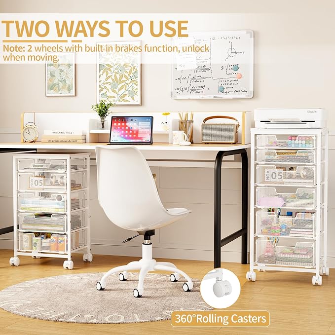 Sbanmao 6 Drawers Rolling Utility Cart, Rolling Storage Cart with Wooden Tabletop, Storage Drawer Cart on Lockable Wheels, Craft Cart for Bedroom, Classroom, Office, White