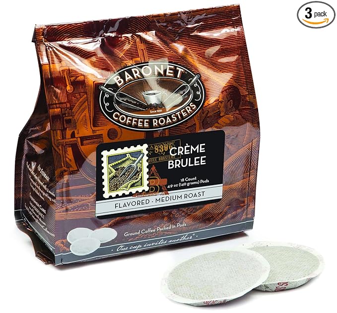 Baronet Coffee Pods [Crème Brulee Flavored-54 Pods] Single Cup Use Like Senseo - 3 Bags of 18 Single Serve 8 Gram, Regular Strength, Medium Roast [Crème Brulee]