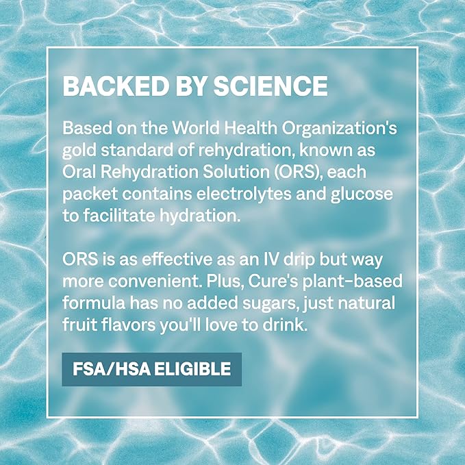 Cure Hydration | Plant-Based Electrolyte Drink Mix | No Added Sugar | FSA-HSA | Dehydration Relief Powder Made with Coconut Water | Non-GMO | Vegan | Box of 8 Packets - Lemonade