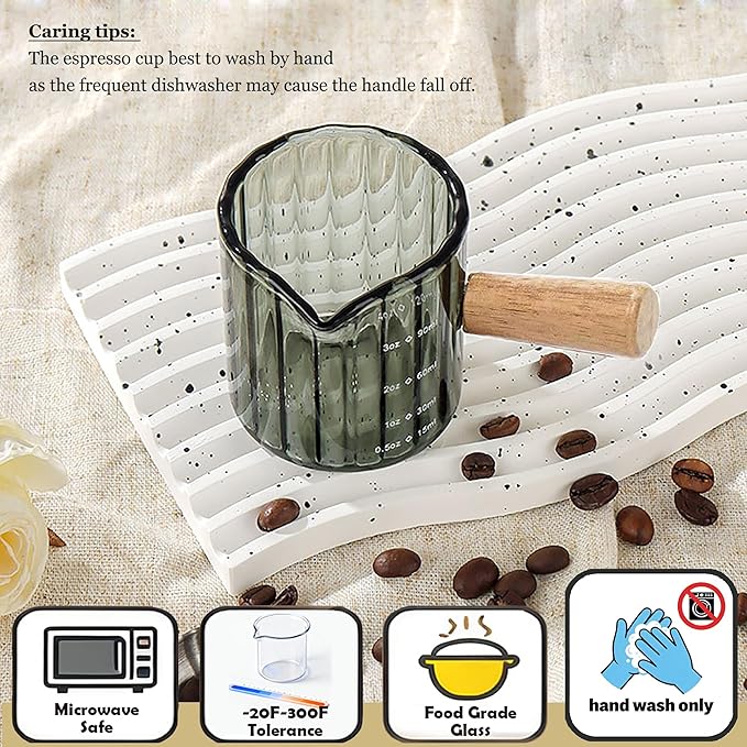 Espresso Cups Set of 2, 4 OZ Espresso Shot Glasses with Wood Handle, V-Shaped Spouts Cups, Ribbed Milk Frothing Pitcher, Glass Measuring Cup, Coffee Espresso Accessories, Demitasse Cups, Small (Gray)