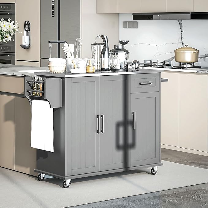 HOMCOM Kitchen Island Cart with Storage, Rolling Kitchen Island on Wheels with Drawer, 3 Cabinets, Stainless Steel Countertop, Spice Rack and Towel Rack, Gray