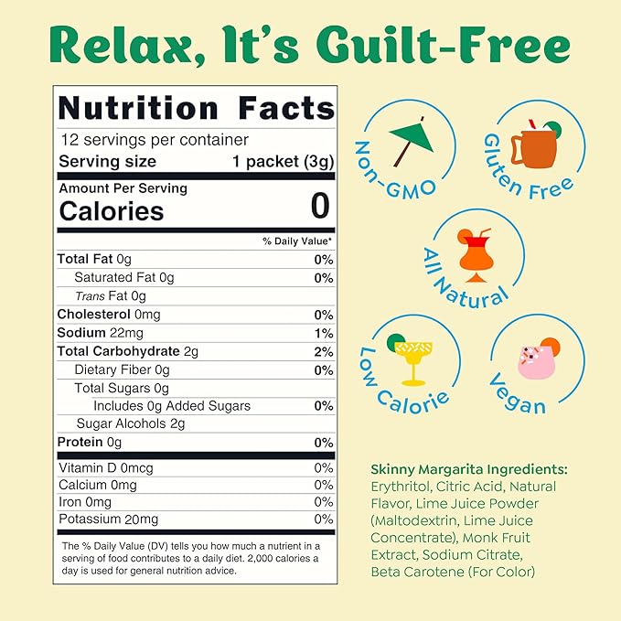 Craftmix Skinny Margarita Cocktail & Mocktail Drink Mixer, Skinny Mixes - Water Flavoring Packets - Made With Real Fruit - Vegan, No-Carb, No-Sugar, Non-GMO, Dairy Free, Gluten Free, 12 Pack