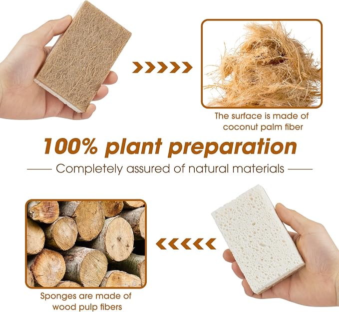 GREENTH PRO 10 Pack Nature Dish Sponge - Natural Kitchen Sponge - Coconut Fiber and Wood Cellulose Scrubber