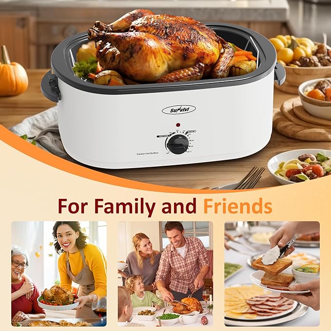 Sunvivi 26 Quart Roaster Oven, Electric Roaster Oven with Glass Lid, Turkey Roaster Buffet with Self-Basting Lid, Removable Pan, Cool-Touch Handles, White