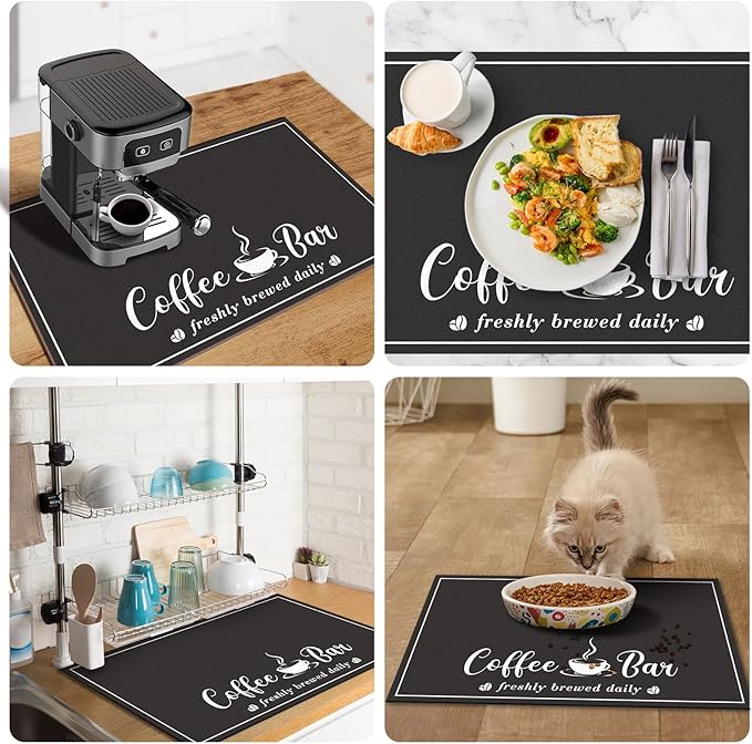 Absorbent Coffee Mat, Fashion Dish Drying Mat for Kitchen Counter Coffee Bar Accessories Espresso Machine Dish Rack 16" x 24" Black