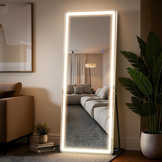 VooBang 64"x21" LED Mirror Full Length - Floor Body Mirror with Dimmable Lights - 3 Color Modes, Standing Leaning Wall Mounted for Bedroom, Dressing Room