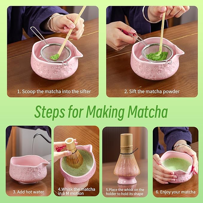 TEANAGOO 7-PCS Pink Matcha Whisk Set with Cherry Blossom Design, Complete Ceremony Kit, Ceramic Chawan Bowl with Spout, Whisk & Accessories, Traditional Matcha Tea Set for Lattes& Gift Giving