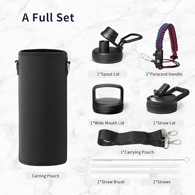 Trebo 40oz Water Bottle with 3 Lid and handle, Vacuum Insulated Stainless Steel Metal Outdoor Leakproof BPA-Free Flask, Keep Cold 48 Hours Water Jug, Best Gift for Men Women Holiday, Ruby Red