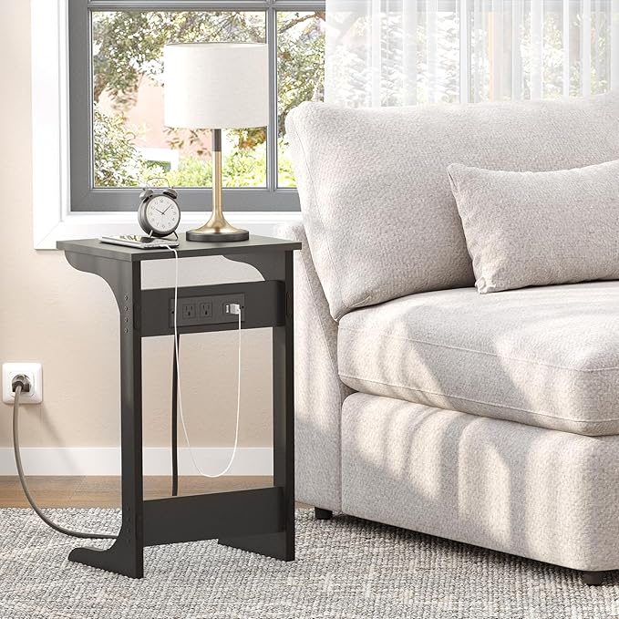 TUTOTAK C Shaped End Table with Charging Station, Set of 2, Couch Table, Tv Tray Table with 2 USB Ports and Outlets, Sofa Side Table for Small Spaces, Living Room, Bedroom TB01BK0442